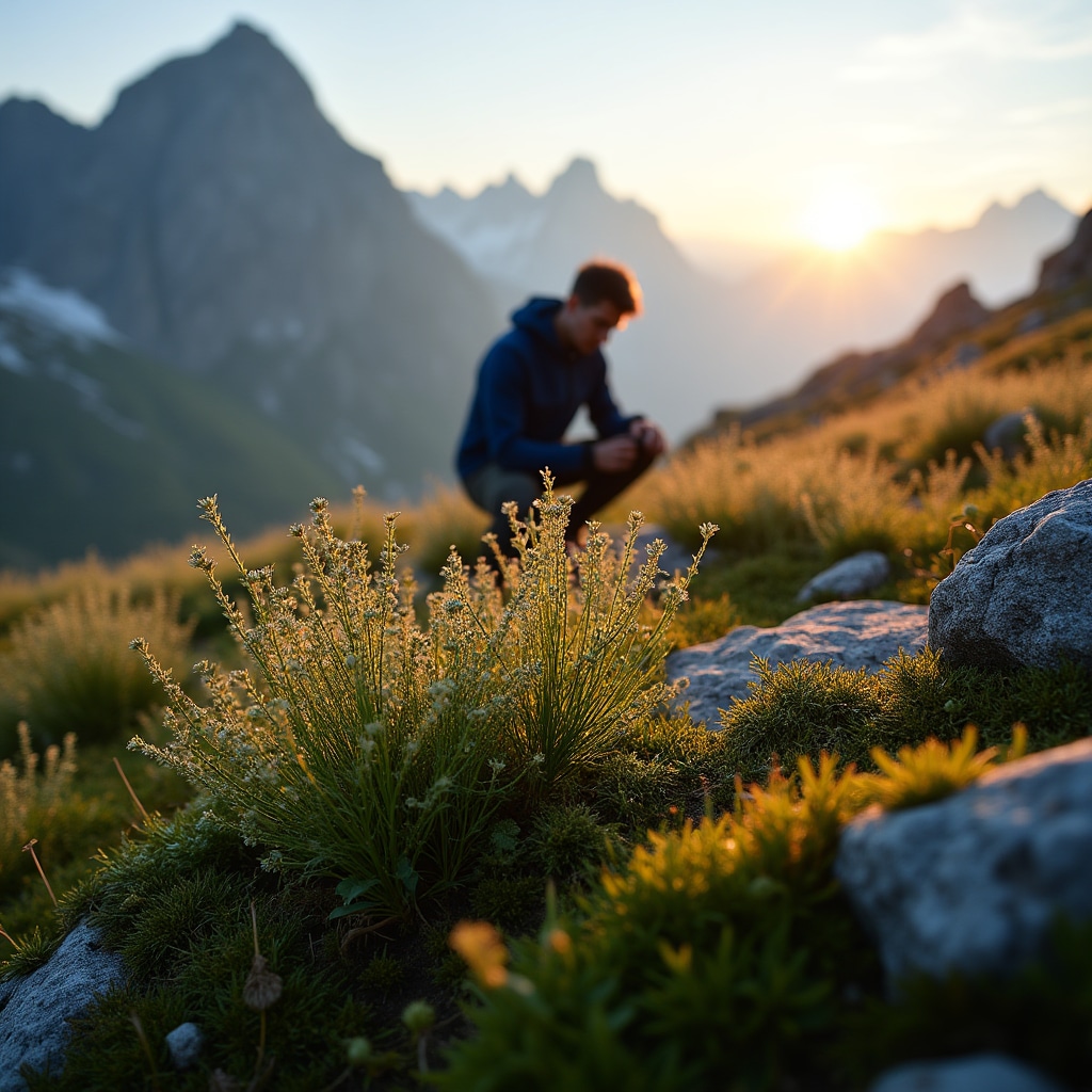 Habitat alpino con erbe selvatiche su pendio montano in luce dorata mattutina
