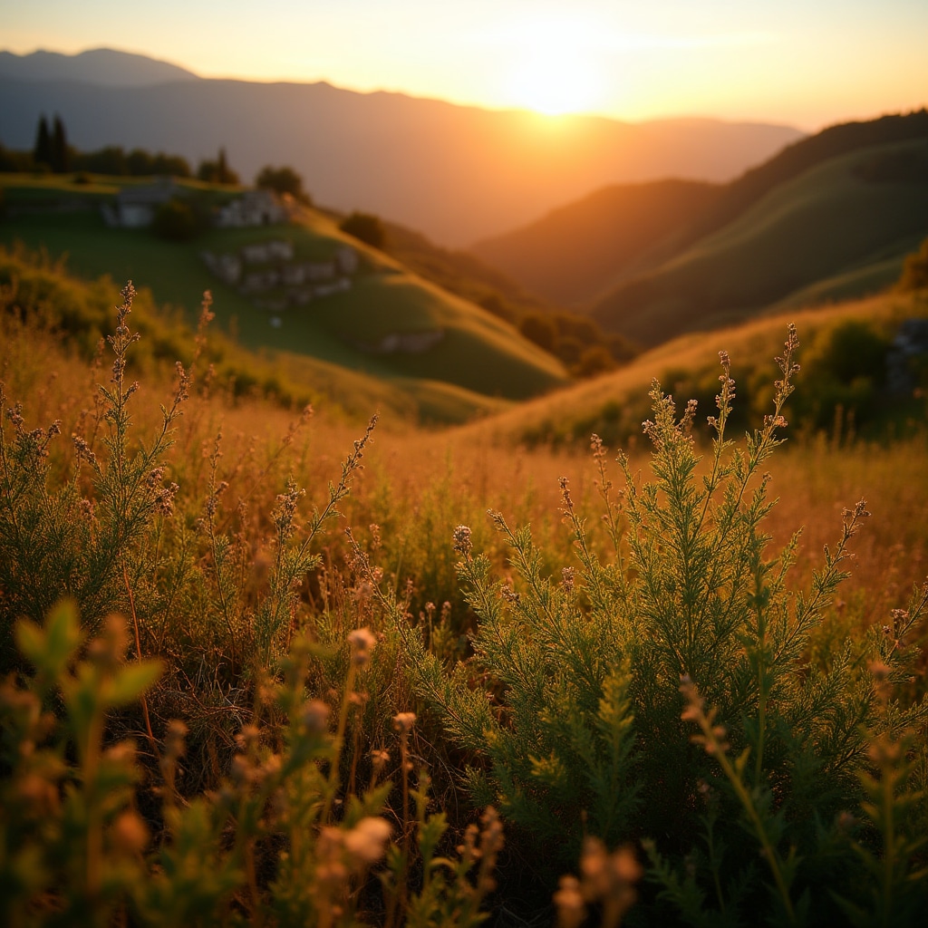 Paesaggio italiano con erbe selvatiche in primo piano al tramonto