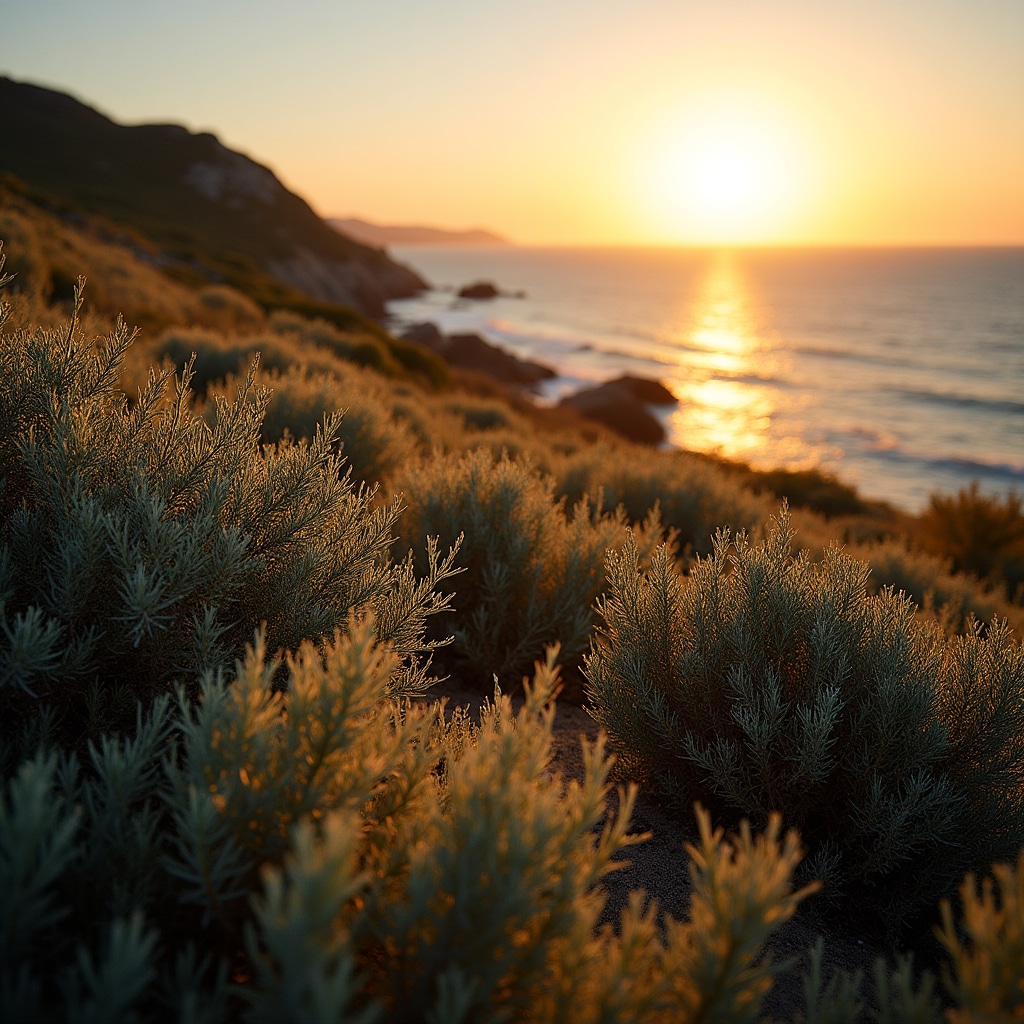 Macchia mediterranea costiera con vegetazione spontanea in controluce al tramonto