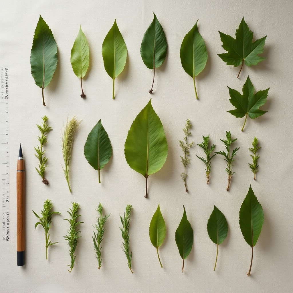 Studio morfologico comparato di foglie di erbe selvatiche su sfondo naturale