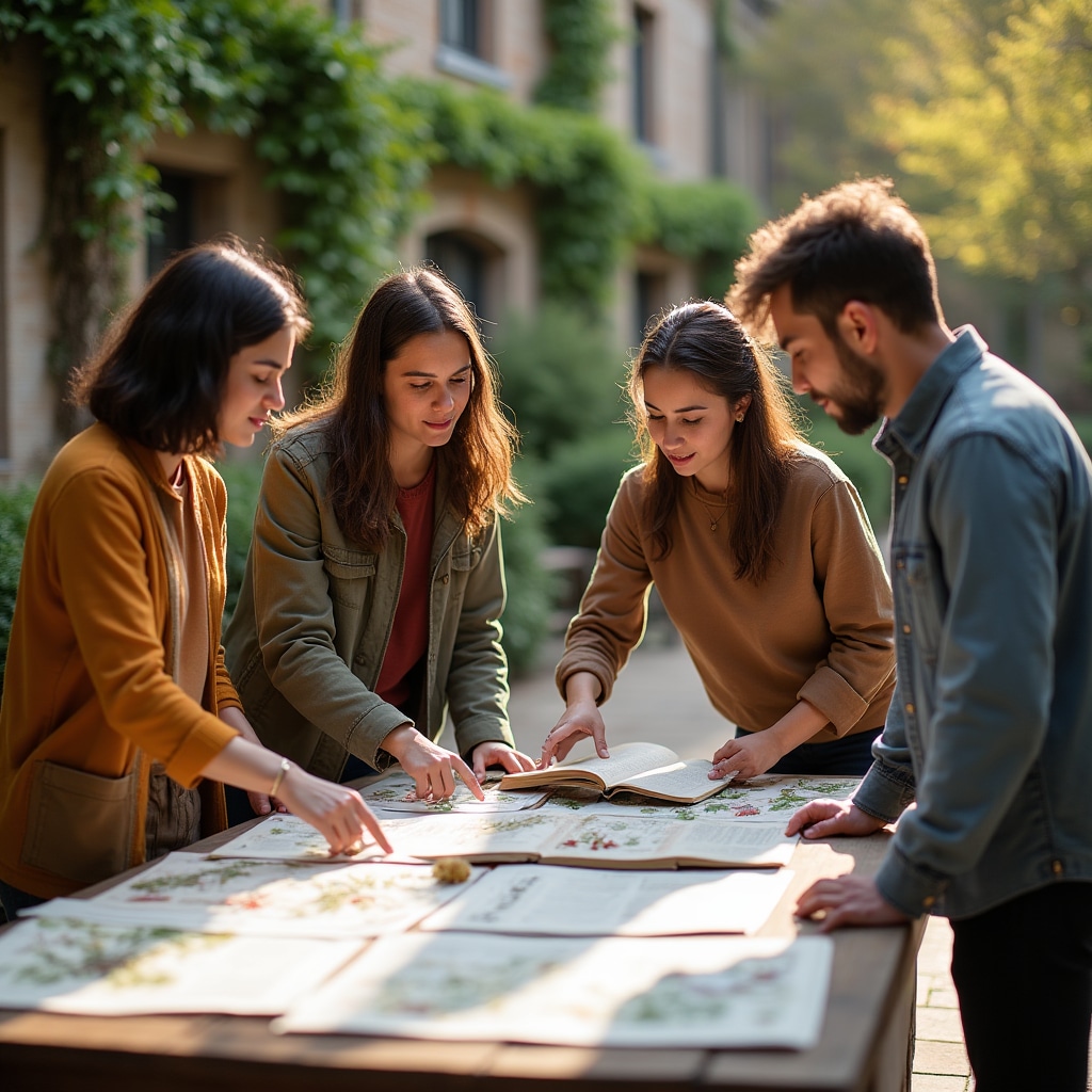 Gruppo di studenti in campo aperto che osservano erbe selvatiche con materiali didattici